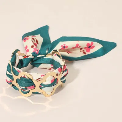 Fashnzfab Metal Quatrefoil Ring Patterned Fabric Fabric Scarf Adjustable Bracelet 1.25" H In Purple