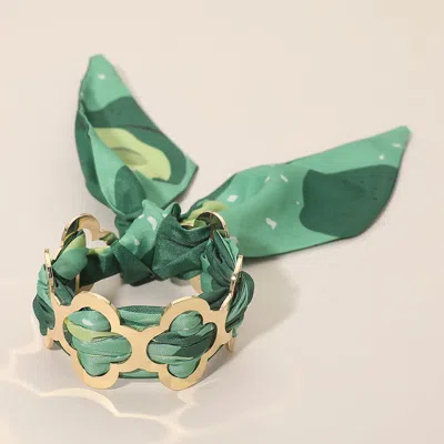 Fashnzfab Metal Quatrefoil Ring Patterned Fabric Fabric Scarf Adjustable Bracelet In Green