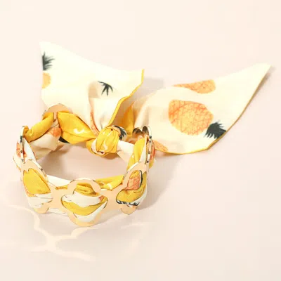 Fashnzfab Metal Quatrefoil Ring Patterned Fabric Fabric Scarf Adjustable Bracelet In Yellow