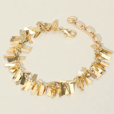 Fashnzfab Metal Rectangular Plate Embellished Chain Bracelet Worn Gold