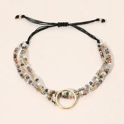 Fashnzfab Metal Ring Accent Faceted Beaded Layered Adjustable Cinch Pull Tie Bracelet In Gold