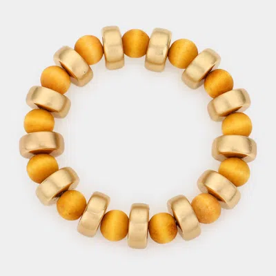 Fashnzfab Metal Round Wood Ball Stretch Bracelet Brown In Gold