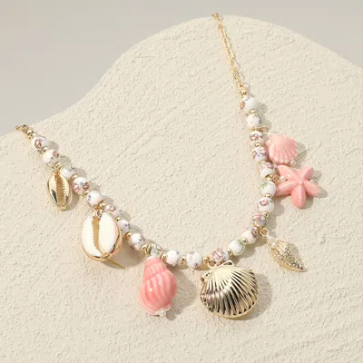 Fashnzfab Metal Sea Shell Locket Ceramic Puka Shell Starfish Charm Flower Printed Ceramic Ball Chain Necklace In Gold