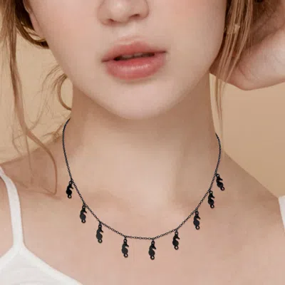 Fashnzfab Metal Seahorse Charm Station Necklace In Black