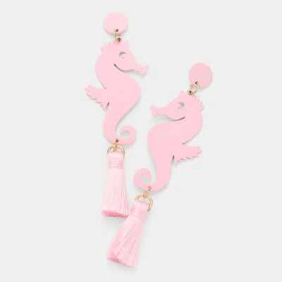 Fashnzfab Metal Seahorse Triple Tassel Drop Earrings In Pink