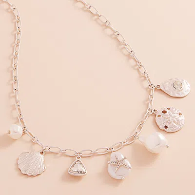 Fashnzfab Metal Seashell Sand Dollar Pearl Starfish Charm Station Necklace In Silver