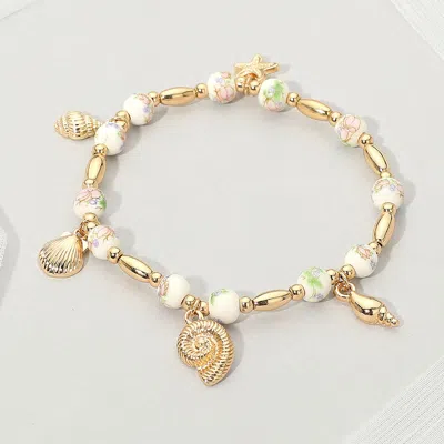 Fashnzfab Metal Shell Puka Shell Starfish Charm Station Ceramic Ball Beaded Stretch Bracelet - Gold, Pink