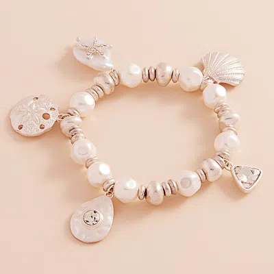Fashnzfab Metal Shell Sand Dollar Pearl Starfish Charm Pearl Beaded Stretch Bracelet In Neutral