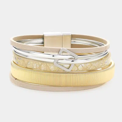 Fashnzfab Metal Square Pointed Faux Leather Snake Chain Magnetic Bracelet Beige In Sand