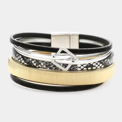 Fashnzfab Metal Square Pointed Faux Leather Snake Chain Magnetic Bracelet Black