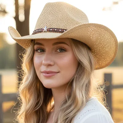 Fashnzfab Metal Star Studded Faux Leather Band Western Straw Woven Cowboy Hat In Sand