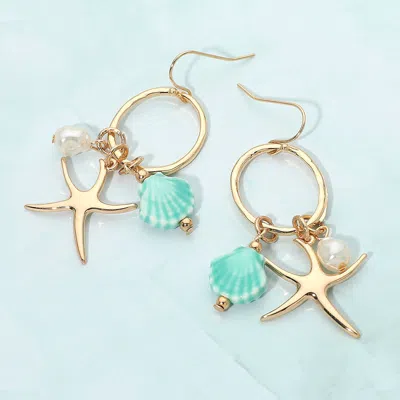 Fashnzfab Metal Starfish Ceramic Shell Pearl Charm Drop Earrings In Multi