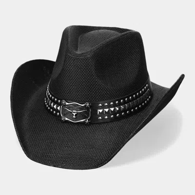 Fashnzfab Metal Steer Head Buckle Studded Faux Leather Band Western Straw Cowboy Hat In Black