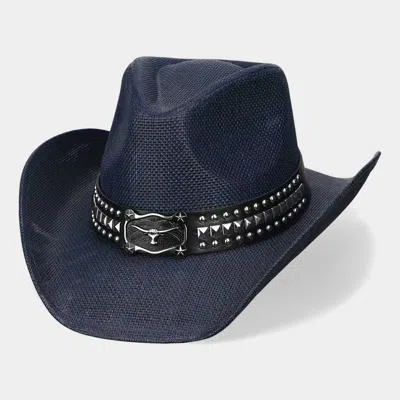 Fashnzfab Metal Steer Head Buckle Studded Faux Leather Band Western Straw Cowboy Hat In Blue
