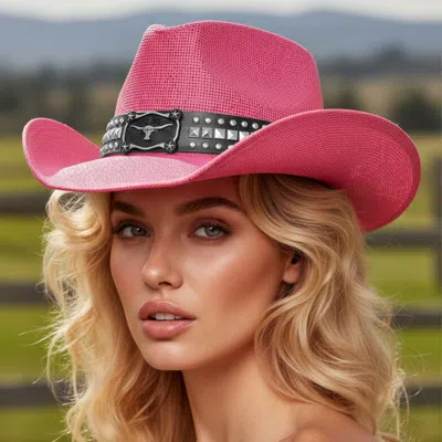 Fashnzfab Metal Steer Head Buckle Studded Faux Leather Band Western Straw Cowboy Hat In Pink