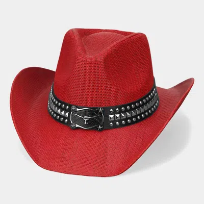 Fashnzfab Metal Steer Head Buckle Studded Faux Leather Band Western Straw Cowboy Hat In Red