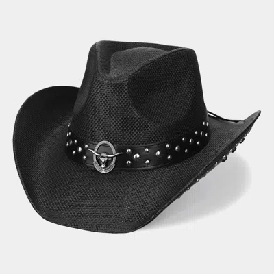 Fashnzfab Metal Steer Head Emblem Studded Faux Leather Band Western Straw Cowboy Fedora Hat In Black