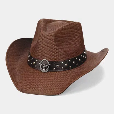 Fashnzfab Metal Steer Head Emblem Studded Faux Leather Band Western Straw Cowboy Fedora Hat In Brown