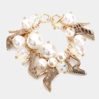 Fashnzfab Metal Stiletto Heel Charm Station Pearl Cluster Toggle Bracelet Antique Gold