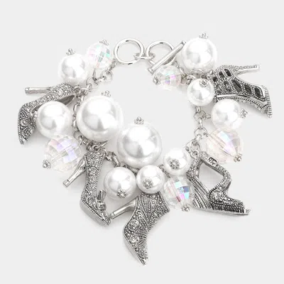 Fashnzfab Metal Stiletto Heel Charm Station Pearl Cluster Toggle Bracelet Rhodium In Multi