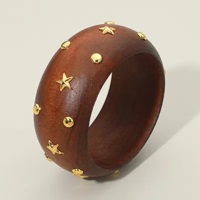 Fashnzfab Metal Stud Embellished Wide Wooden Bangle Bracelet - Brown, Dark