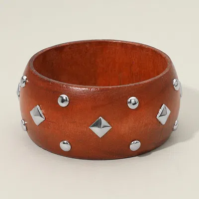 Fashnzfab Metal Stud Embellished Wide Wooden Bangle Bracelet - Brown, Light
