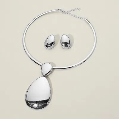 Fashnzfab Metal Teardrop Pendant Accent Statement Choker Necklace In Gray