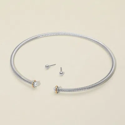 Fashnzfab Metal Twisted Pearl Ends Wire Choker Necklace In Silver