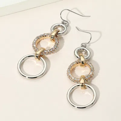 Fashnzfab Metal Two Tone Stone Paved Triple Ring Link Drop Earrings - Clear, Gold, Rhodium, Two Tone