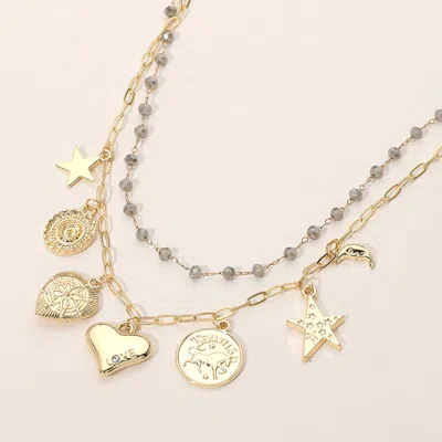 Fashnzfab Metal Zodiac Taurus Medal Star Heart Crescent Charm Station Faceted Beads Station Layered Necklace In Gold