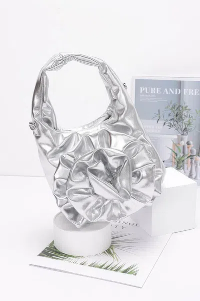 Fashnzfab Metallic Big Flower Handle Bag In Silver