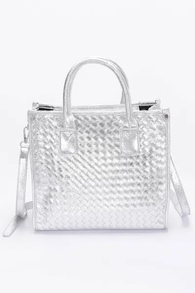Fashnzfab Metallic Braided Tote Bag In Silver