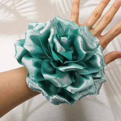 Fashnzfab Metallic Fabric Flower Pin Brooch / Hair Clip / Hair Band / Bracelet Blue Zircon In Multi