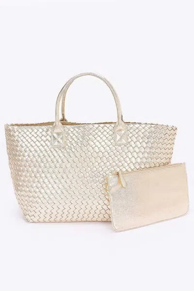 Fashnzfab Metallic Faux Leather Braided Tote Bag In Gold