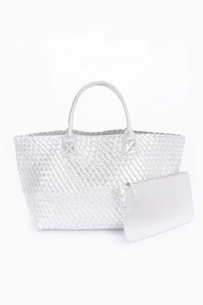 Fashnzfab Metallic Faux Leather Braided Tote Bag In Silver
