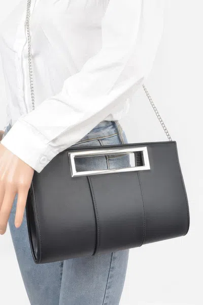 Fashnzfab Metallic Faux Leather Handle Clutch In Black