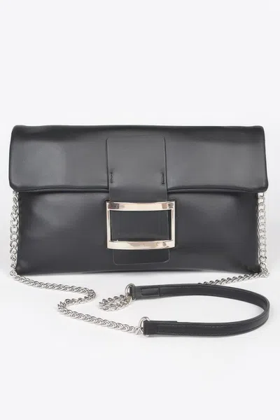 Fashnzfab Metallic Faux Leather Metal Buckle Clutch In Black