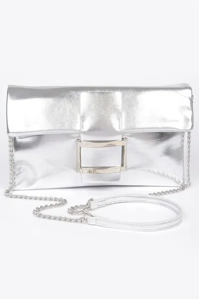 Fashnzfab Metallic Faux Leather Metal Buckle Clutch In Silver