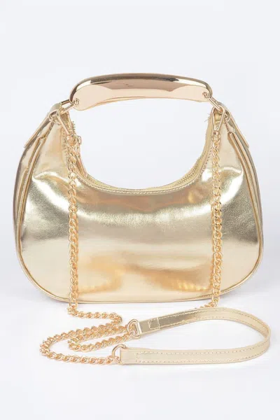 Fashnzfab Metallic Faux Leather Metal Top Handle Clutch In Gold