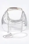 Fashnzfab Metallic Faux Leather Metal Top Handle Clutch In Silver
