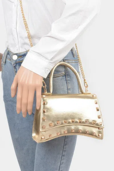 Fashnzfab Metallic Faux Leather Studded Top Handle Clutch In Gold