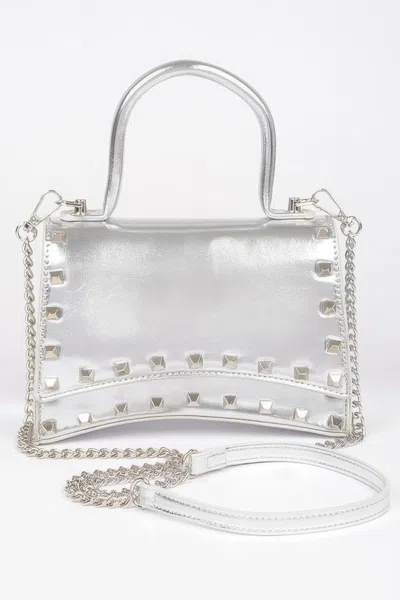 Fashnzfab Metallic Faux Leather Studded Top Handle Clutch In Silver