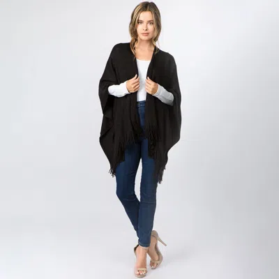 Fashnzfab Metallic Fringe Shawl Wrap Poncho In Black