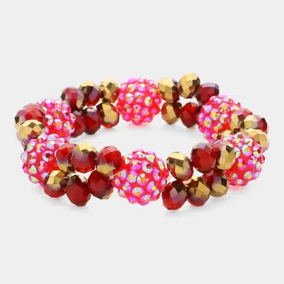 Fashnzfab Metallic Glass Bead & Cryatal Disc Ball Stretch Bracelet Ab, Gold, Red In Multi