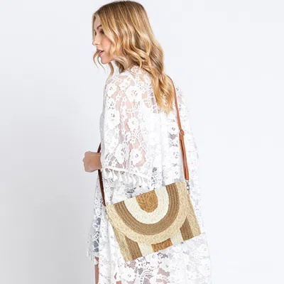 Fashnzfab Metallic Lined Multi Color Straw Clutch / Crossbody Bag In Sand