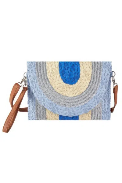 Fashnzfab Metallic Lined Multicolor Straw Clutchcrossbodybag In Blue