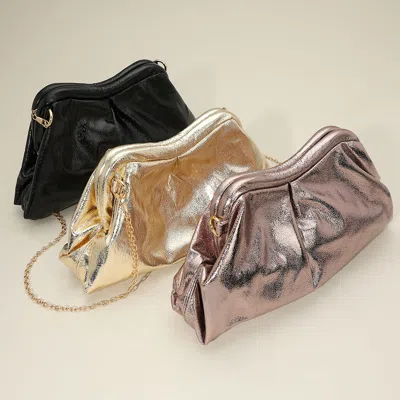 Fashnzfab Metallic Pleated Frame Clutch Evening Bag / Crossbody Bag In Gold