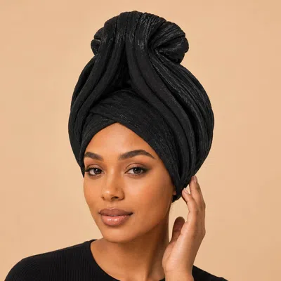 Fashnzfab Metallic Pleated Turban Hair Wrap In Black