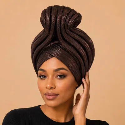 Fashnzfab Metallic Pleated Turban Hair Wrap In Brown