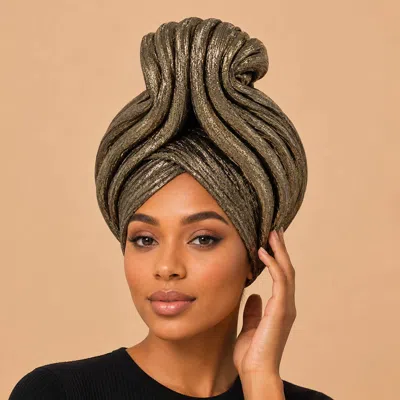 Fashnzfab Metallic Pleated Turban Hair Wrap In Gold